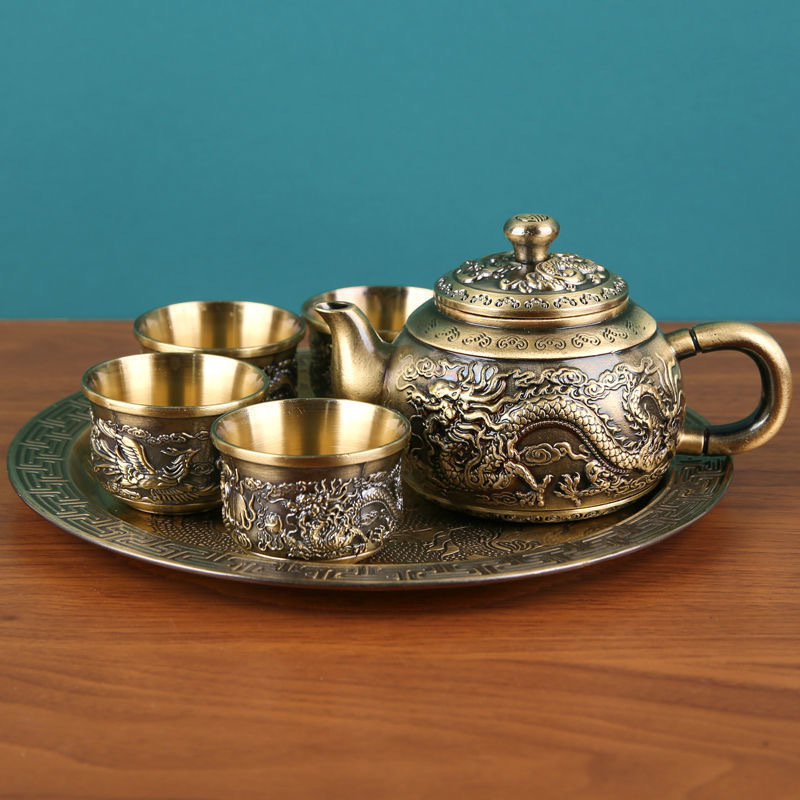 High end bronze dragon and phoenix tea set, 1 tray, 1 teapot, 4 tea cups, complete set of household tea set with gifts - Bronze Dragon Phoenix Teapot Set