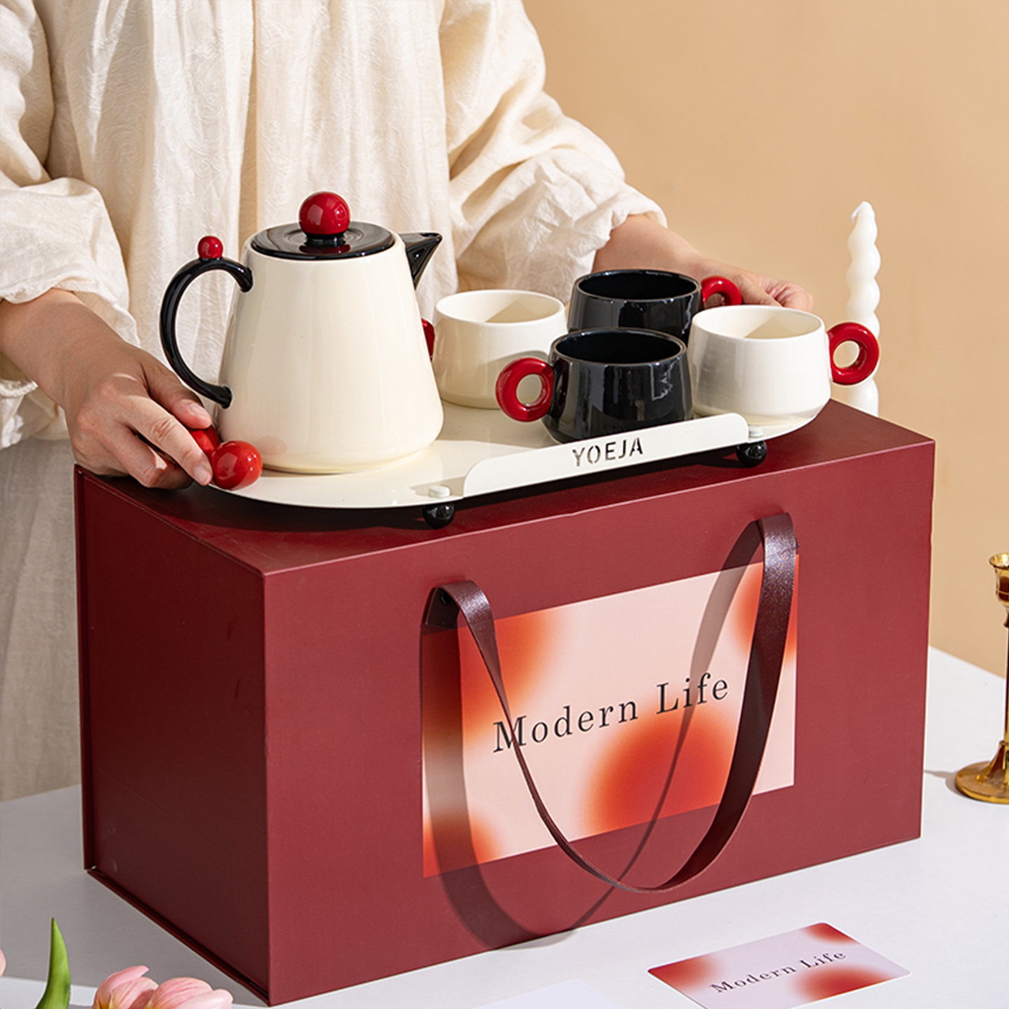 Teapot cup set, home living room ceramic cup, flower tea set, housewarming water cup, wedding engagement, wedding gift - 【 High end Gift Box 】 Black, White, and Red Tea Set, 1 Pot, 4 Cups (Wedding/housewarming souvenir)/one thousand