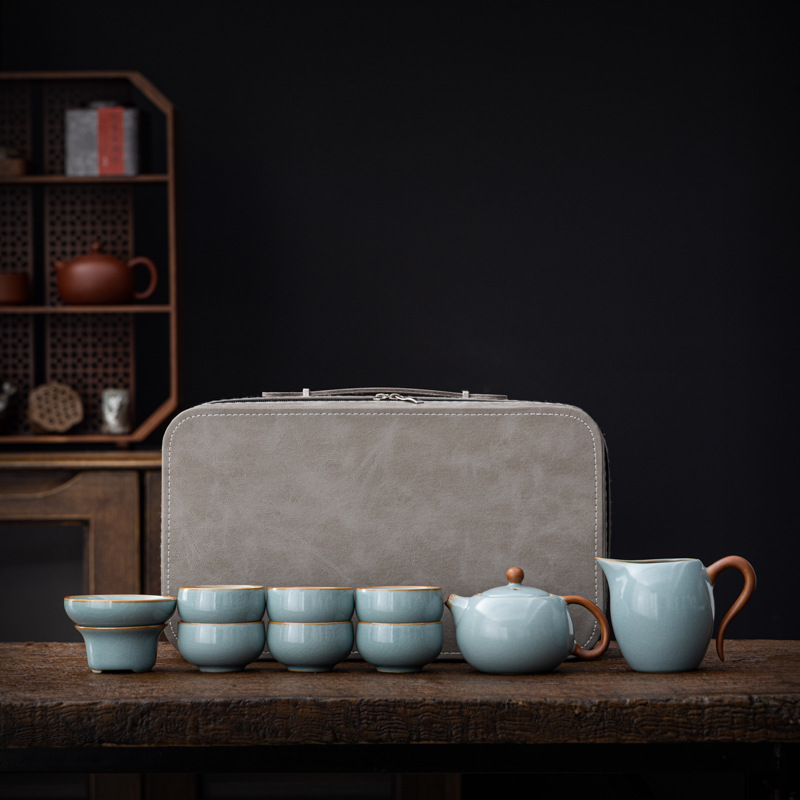 Полный комплект чайных тарелок керамический чайник крышка чашка - Тяньцин Ю печь (западный чайник) 10 комплектов чайной посуды - серая кожаная сумка