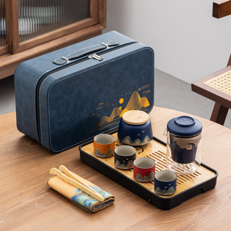 Тысячи миль на открытом воздухе портативный чайный сервиз набор один чайник четыре чашки чайника с подарком индивидуальный логотип - Синий чайный сервиз + чайная тарелка / синий длинный пакет/360ml