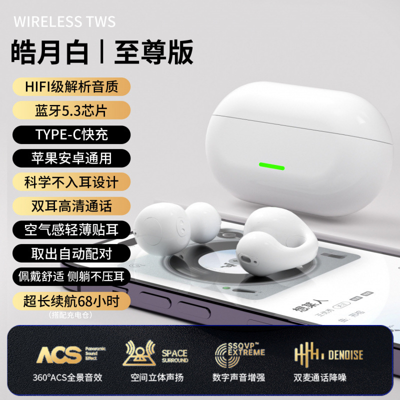 24小时代发抖音小红书拼多多跨境夹耳骨传导蓝牙耳机新款降噪超长 - 白色（整套）