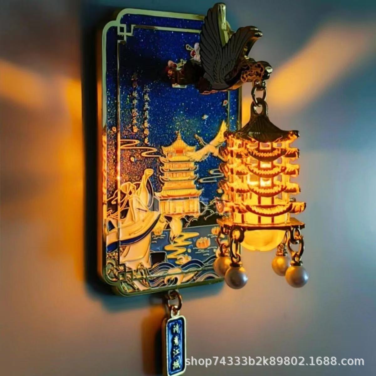 Праздник середины осени Ночной холодильник наклейка карточка металлический стереолюминесцентный холодильник наклейка памятный подарок - Синяя серия (Светящийся холодильник) Пагода