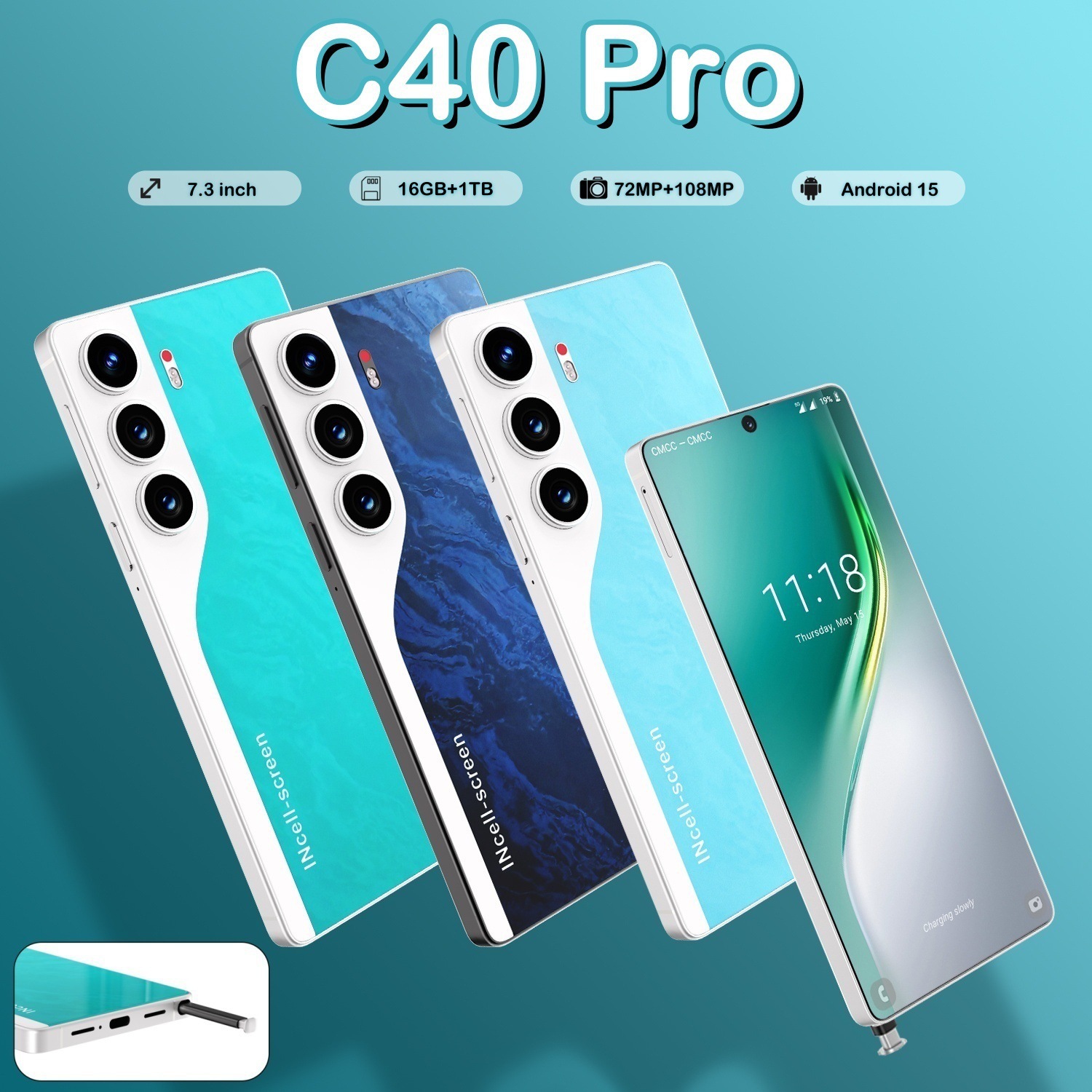 Эксклюзивный трансграничный смартфон C40 Pro со встроенным пером, 8 миллионов пикселей, 2+16, Android 8.1, 7,3-дюймовый трансграничный смартфон - Европейские правила ЕС [Внутреннее использование или продажа запрещены]/чёрный