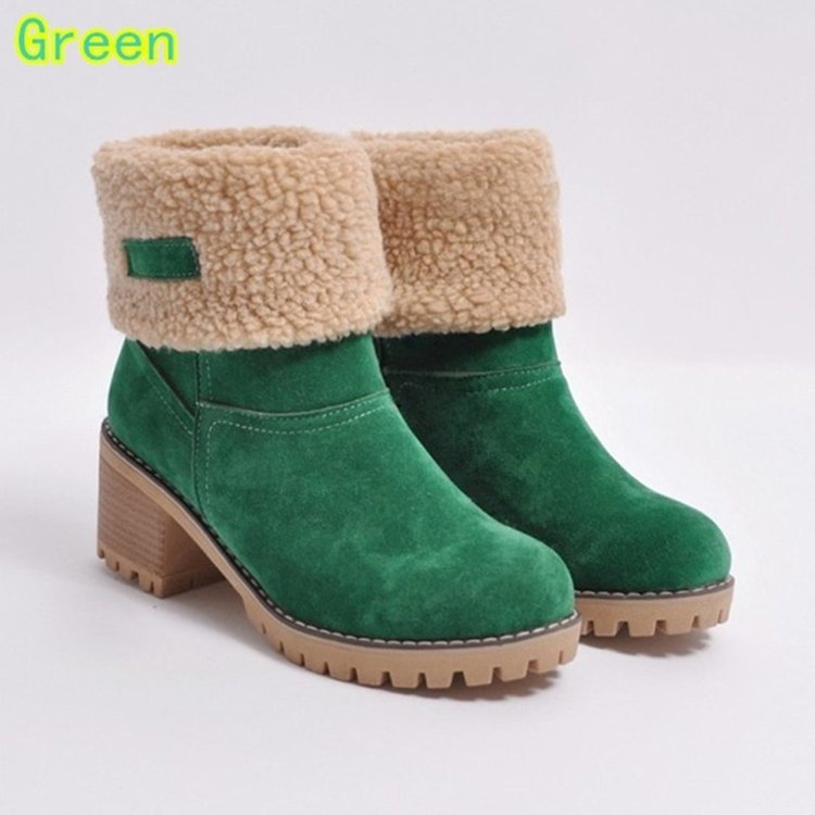 2024 Summer Cross border Women's Boots 2023 Winter Mid tube Women's Solid Color Green Coarse Heel Round Head Snow Boots Cuffed Thin Heel - green/thirty-five