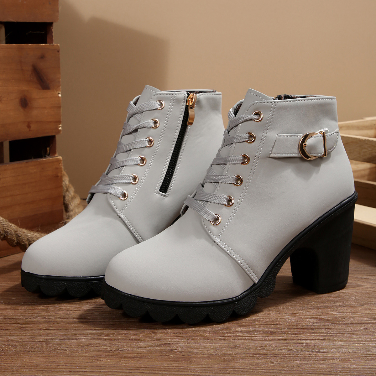 Осень 2025 Новые ботинки Martin с толстым каблуком женские ботинки с круглой головой женские ботинки трансграничные боковые молнии - светло-серый/Тридцать пять.