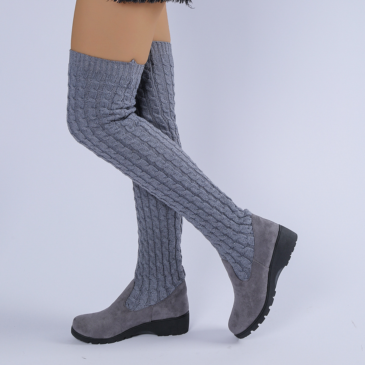 Женские сапоги с эластичным коленом осень - зима 2025 Новый трикотажный шерстяной шнур Высокий цилиндр с толстым полом и круглые чулки - серый/Тридцать пять.