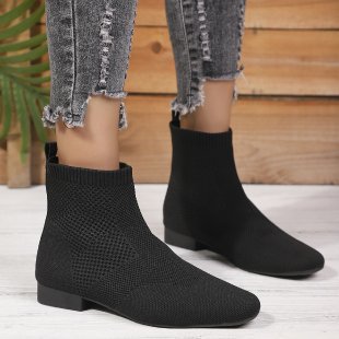 Large size women's boots with a black midsole, large size women's short boots with a pointed midsole, low heeled women's shoes, fly woven single shoes, trendy - black/thirty-six