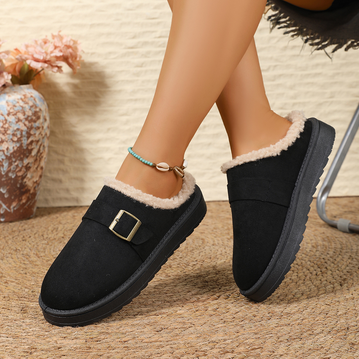Внешняя торговля Осень и зима мода винтажные тапочки снаружи хлопчатобумажные полутапочки теплые и удобные пряжки женские хлопчатобумажные туфли снежные сапоги оптовая торговля - чёрный/Тридцать шесть.