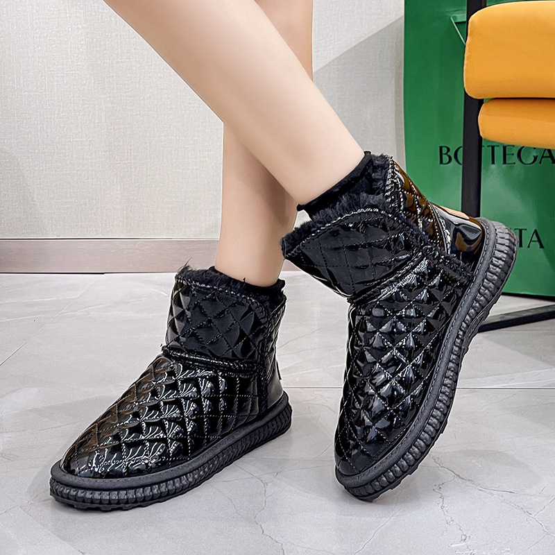 皮面雪地靴女2025新款冬季加绒加厚棉鞋防水短靴保暖注塑棉靴批发 - 黑色/36