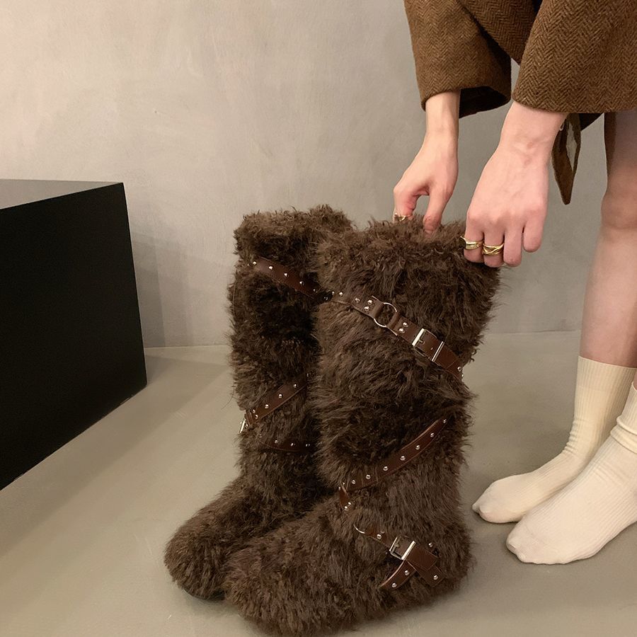 Внутренние плюшевые 4 сезона Снежные сапоги Woman 2025 Новый осенний 4 сезон Теплые шерстяные туфли хлопчатобумажные туфли Высокие рыцарские сапоги - В коричневом бархате/55 Случайное