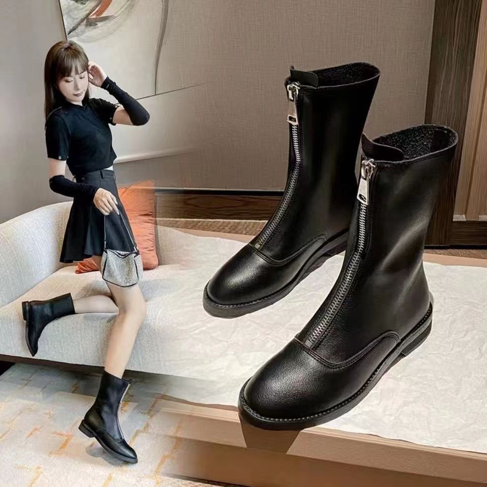 Сапоги Короткие сапоги 2025 Новые красные тонкие сапоги передняя молния средний сапог белые женские сапоги зима - Черный (один)/Тридцать пять.