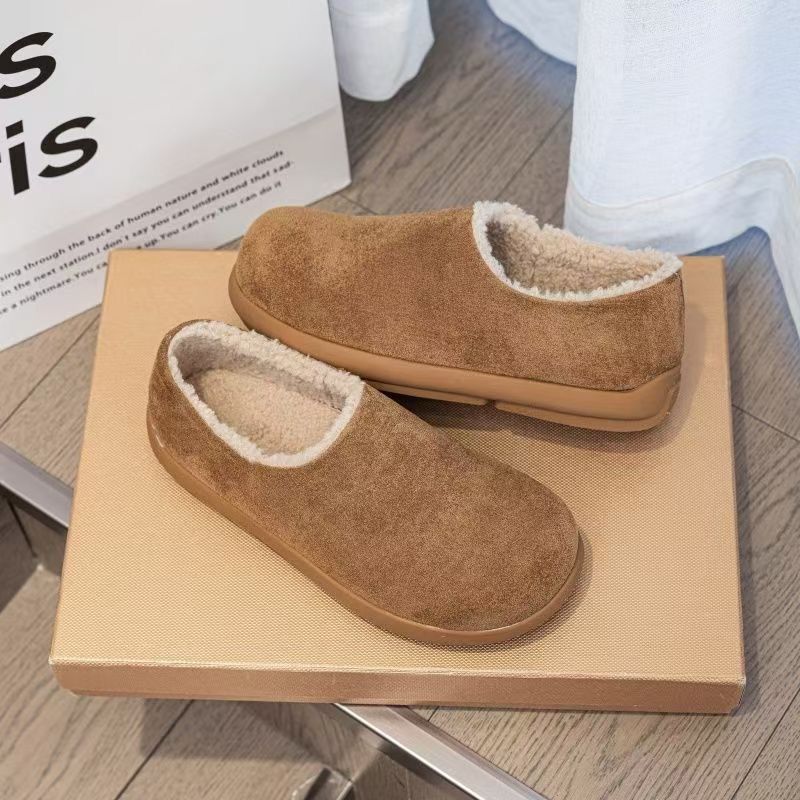 Thick soled fleece warm Boken shoes for women in winter 2025, retro one foot lazy fur shoes, single shoe cotton shoes - camel/thirty-five