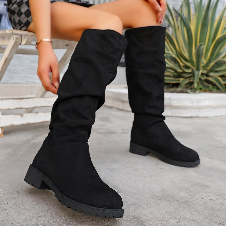 Внешняя торговля Новые складчатые кучи длинные стволы рыцарские сапоги сапоги женские трансграничные ретро - высокие стволы не колени западные ковбойские сапоги - чёрный/Тридцать пять.