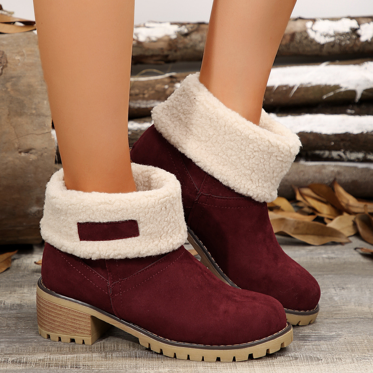 New Short Boots Amazon Women's Boots European and American Medium Heel Thick Heel Flip Fur Snow Boots Large Cotton Boots Women's Stock - burgundy/thirty-six