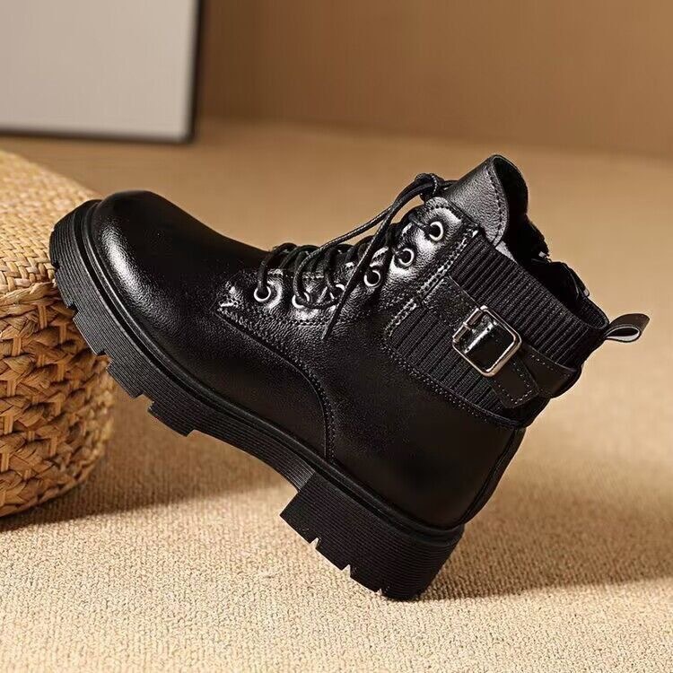 Korean version lace up solid color Martin boots 2025 autumn and winter new British style side zipper women's leather boots, mid top women's boots - Black Single Inside/thirty-five
