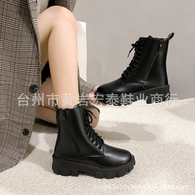 2024 autumn and winter new European and American women's boots, mid length motorcycle boots, British style thick soled Martin boots, front lace up oversized leather shoes - black/thirty-five