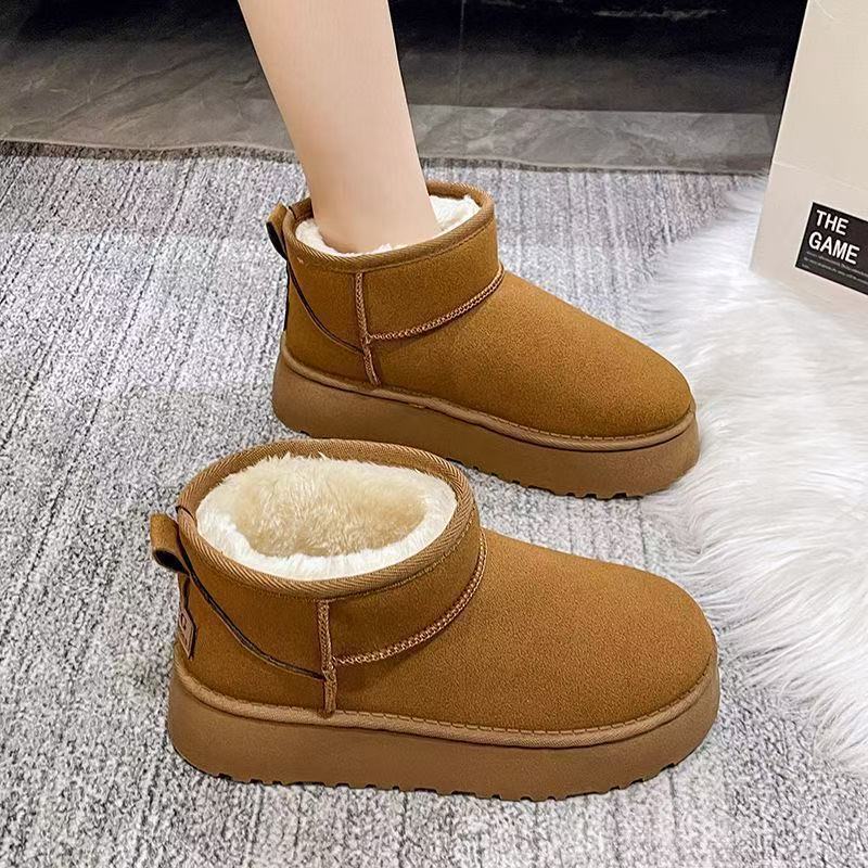 Сапоги толстые под снегом Woman 2025 Новый теплый зимний пуховый мех короткий цилиндр толщина увеличенная противоскользящая хлопчатобумажная обувь - [Кофе] Толстое дно с бархатом/Тридцать шесть.