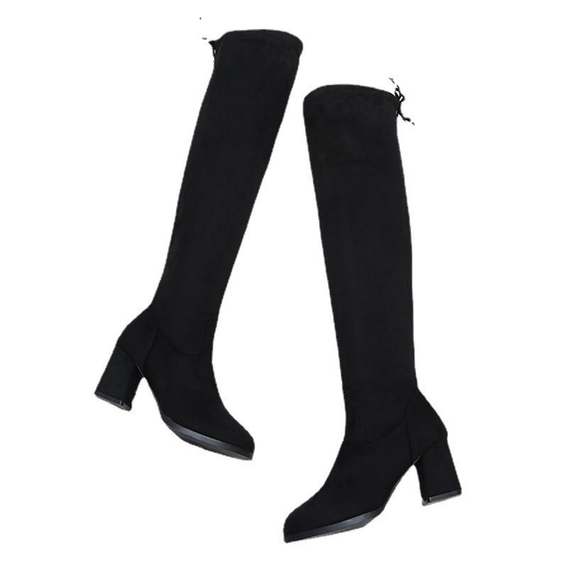 Сапоги на коленях, эластичные сапоги, зима 2022, новые европейские и американские круглые сапоги Martin с пухом и толстыми каблуками - Черный лист/Тридцать пять.