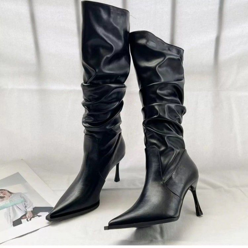 Z European and American pointed pleated high tube long boots for women in autumn 2024, with thin heels and snake patterned pile boots, high heels that do not exceed the knee, long tube - black/thirty-five