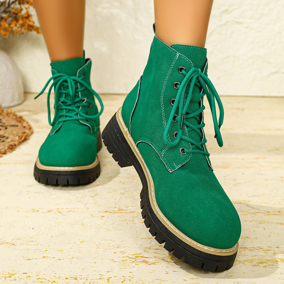 Европейские и американские трансграничные осенние и зимние сапоги Martin с толстым дном женские бриллиантовые туфли - зелёный/Тридцать шесть.