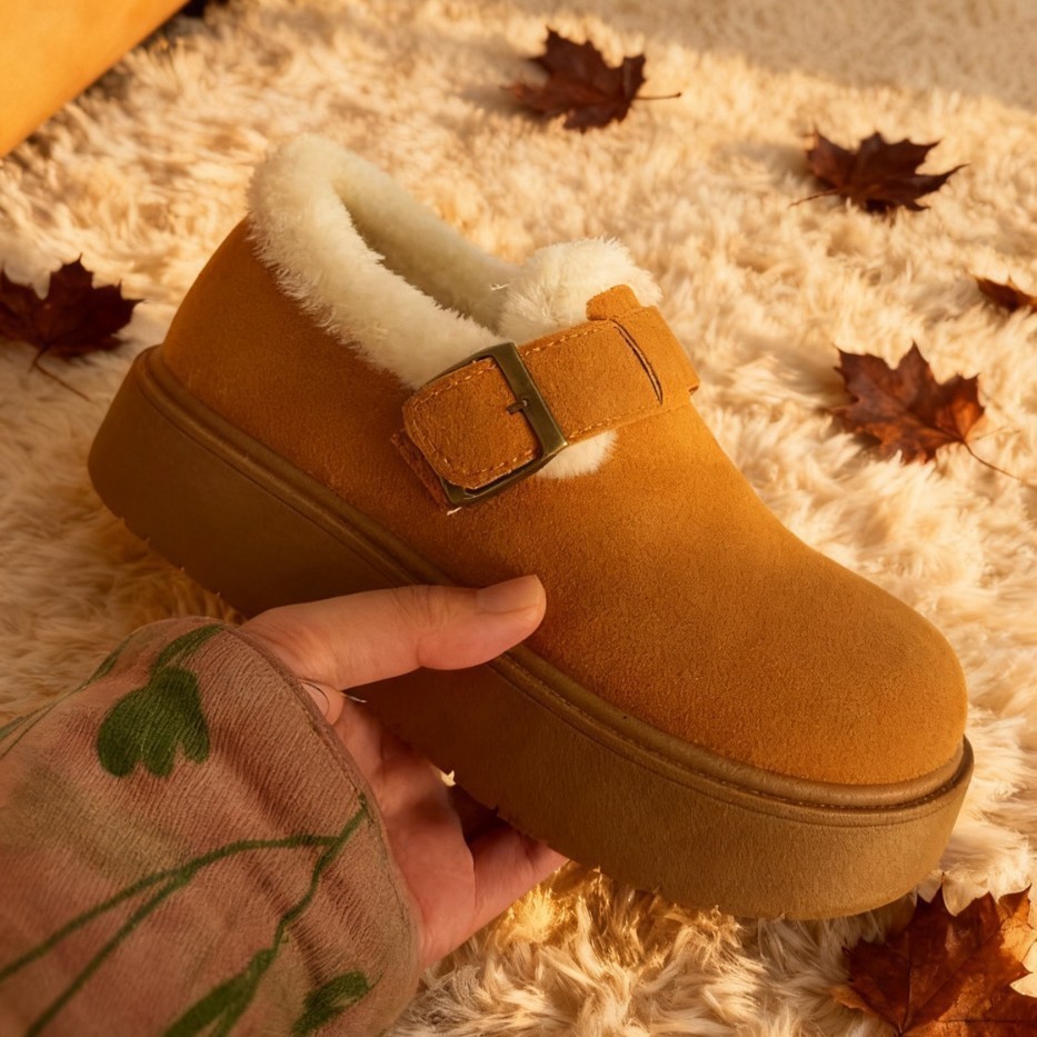 Thick soled and plush Boken shoes for women, 2025 new winter outfit. Fury bread shoes, warm cotton shoes, great looking snow boots - camel/thirty-five
