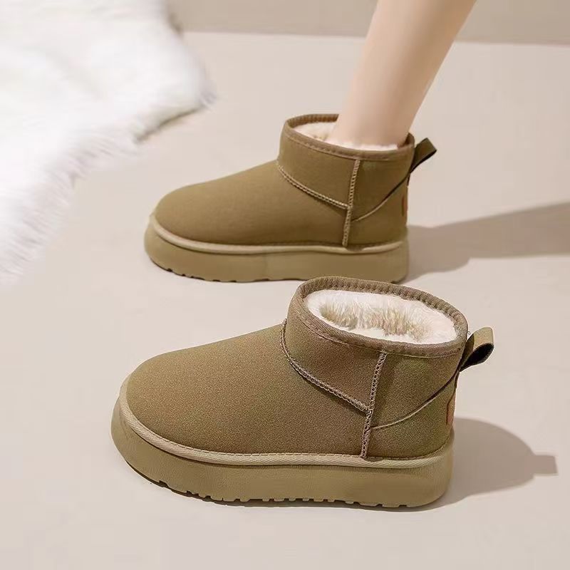 雪地靴女防滑厚底一脚蹬女士冬天外贸新款加厚加绒内增高棉鞋批发 - 浅咖色{发绿色}/36
