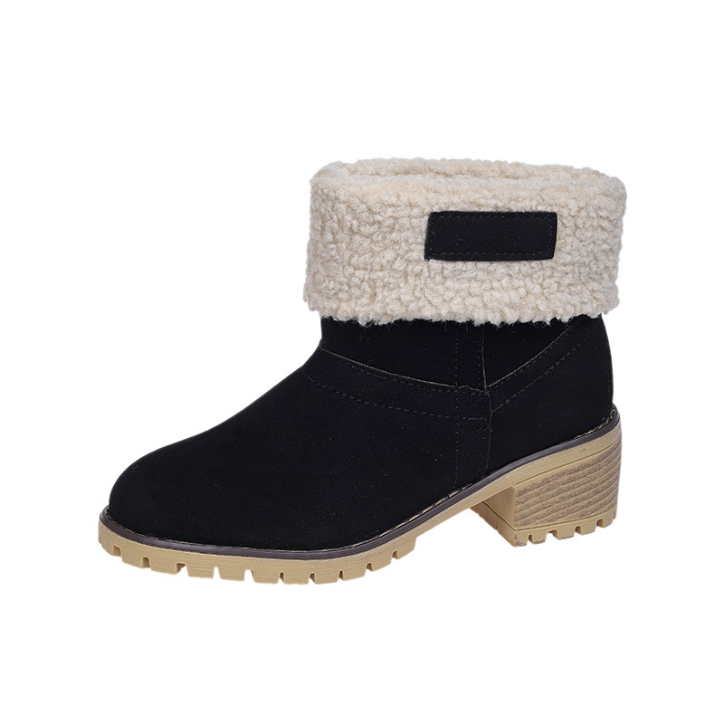 Новые короткие сапоги Amazon женские сапоги Европа и США толстые и высокие каблуки шерстяные снежные сапоги большой размер хлопчатобумажные сапоги - чёрный/Тридцать шесть.