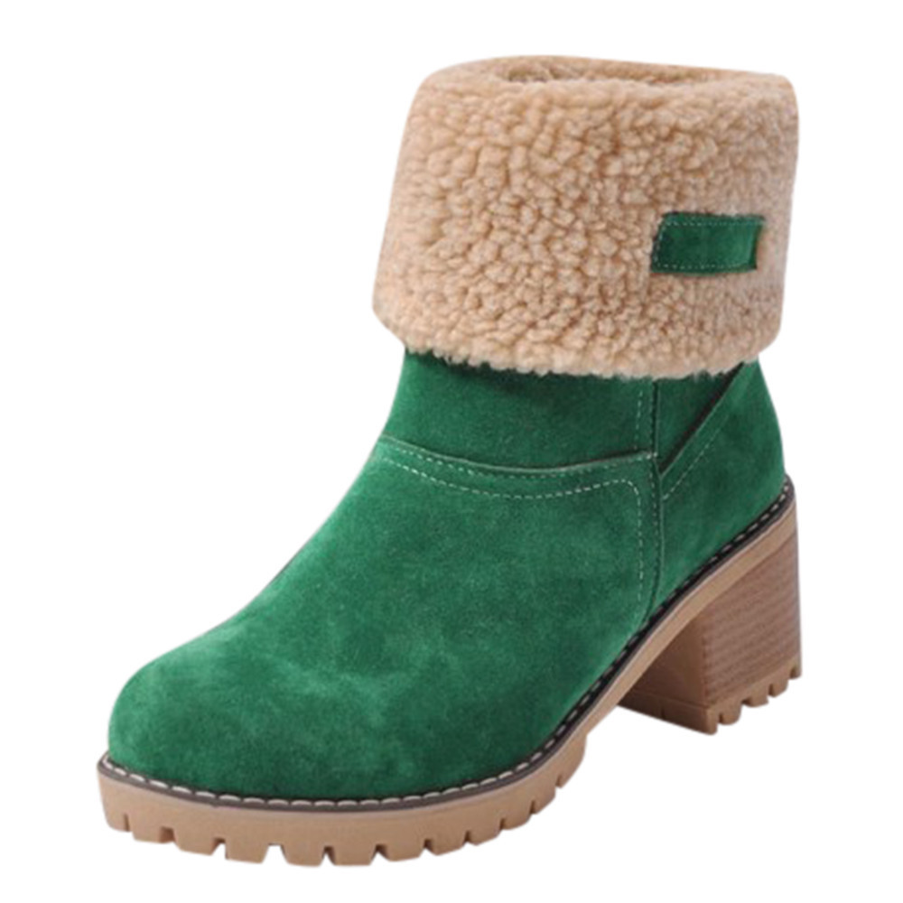 New Short Boots Amazon Women's Boots European and American Medium Heel Thick Heel Flip Fur Snow Boots Large Cotton Boots Women's Stock - green/thirty-six