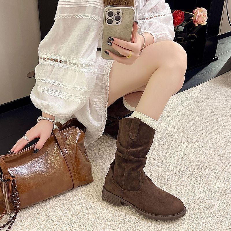 Ботинки Martin 8cm с увеличенной длиной в среднем стволе худые, маленькие груды складок, короткие сапоги с винтажными женскими сапогами - хаки/Тридцать пять.