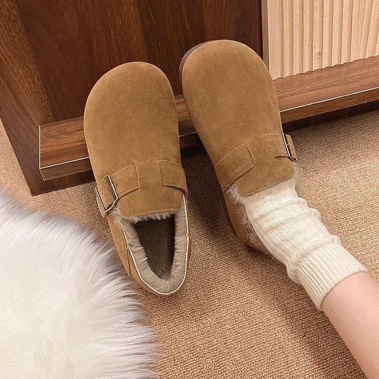 Authentic velvet full bag Boken shoes, winter new style, one foot retro fur shoes, warm snow lazy cotton shoes for women - BKZX Brown/thirty-five