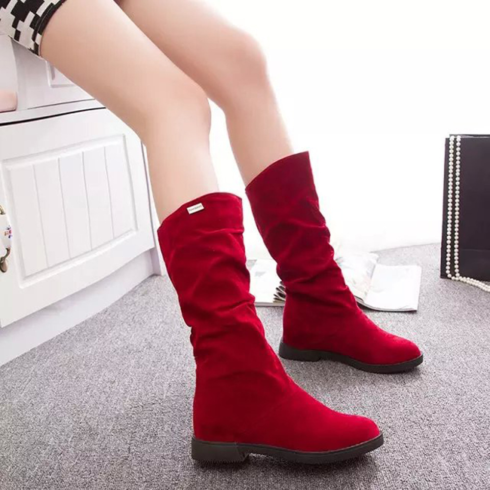 2022 autumn and winter new British low thick heel long boots, high top slim women's boots, thick flat bottomed mid length knight boots - red/thirty-five