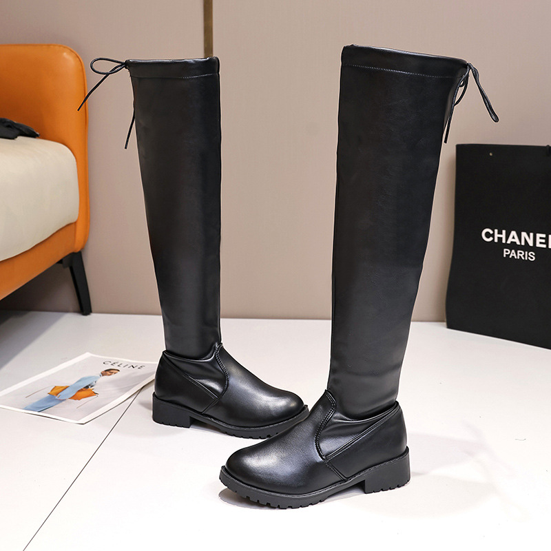 2025 Новые сапоги на коленях женские толстые и тонкие зимние эластичные сапоги задние шнурки высокие сапоги модные сапоги - чёрный/Тридцать пять.