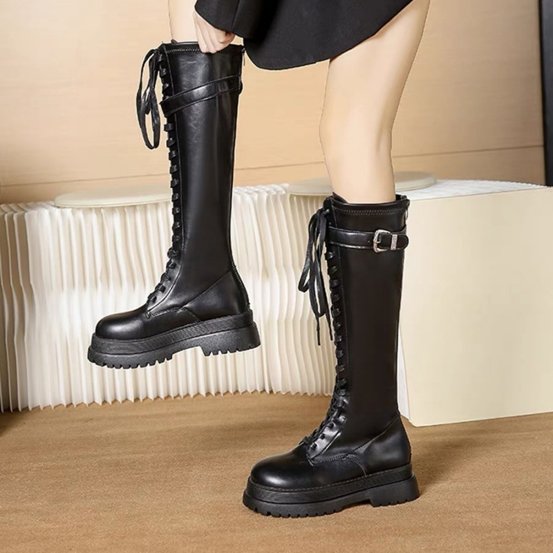 Сапоги без колен, маленькие, худые женские сапоги, осень - зима 2025 Новые толстые туфли - чёрный/Тридцать пять.