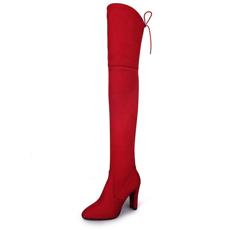 Foreign Trade 2025 New Large Fashion Over the Knee Boots High Heels Long Boots Women's Elastic Suede Fashion Boots Spot Wholesale - Wine red (zipper style)/thirty-five