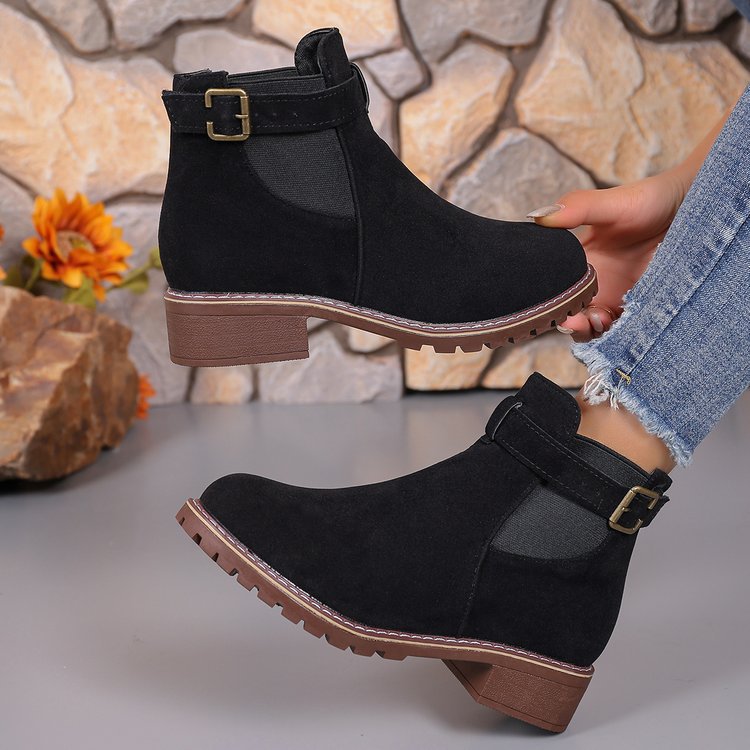Tume foreign trade plus size buckle strap square heel fashion boots 2025 autumn and winter new round toe mid leg women's boots spot wholesale - black/thirty-six