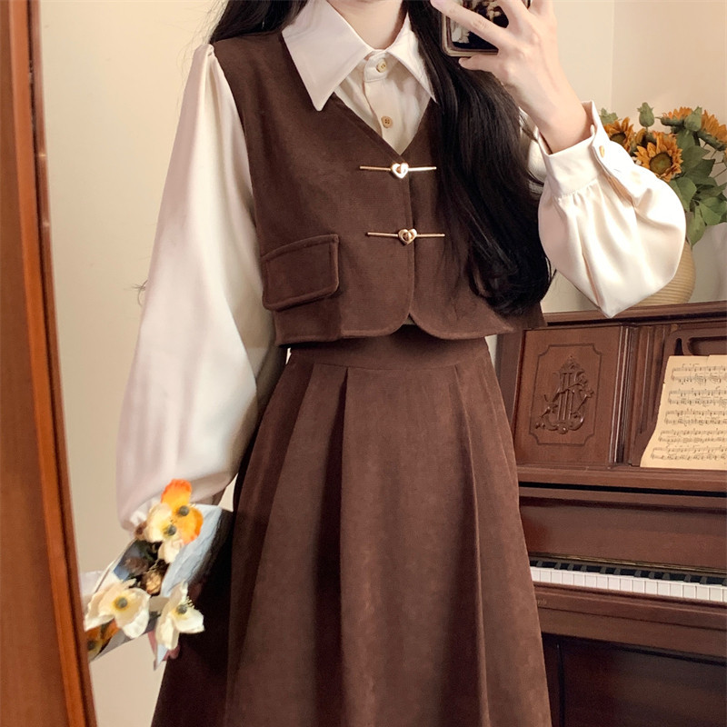 Колледж Ветеринарный костюм Платье Осень - зима 2025 Новый большой размер Женский костюм Толстый мм Два длинных рукава Вельветовое платье - ✿ Кофе/• M Рекомендуется в пределах 100 кг.