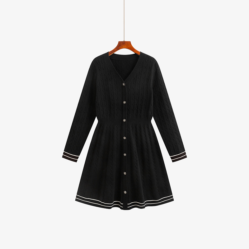 Платье V - воротник шерстяное платье 2025 осень - зима толстый mm внутреннее трикотажное платье 23111 - чёрный/XL (120 - 150 кг)