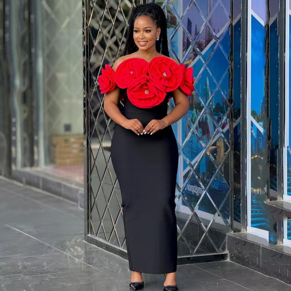 Трансграничные трехмерные цветы, обнаженные плечи, ягодицы, элегантная вечеринка, бинт, платье Bandage Dress - Кирпично - красный/S