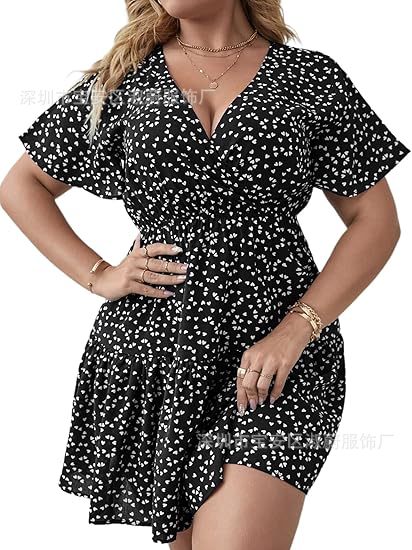 2025 Amazon eBay Европа и США Трансграничная женская одежда с увеличенным кодом V - образный воротник с короткими рукавами - Черный / / Белый/L