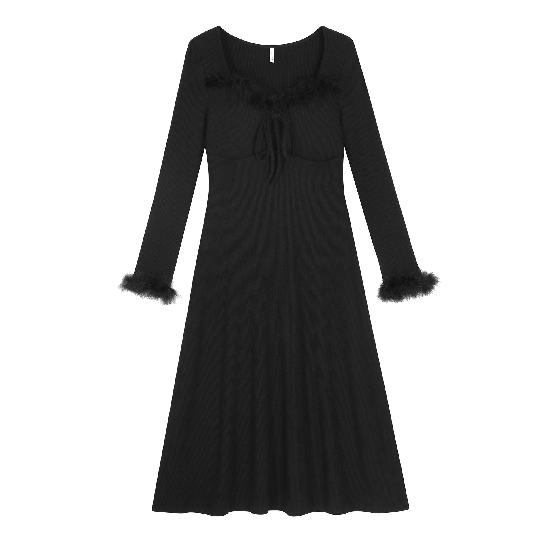 Черный квадратный воротник с перьями сшитое нижнее платье весенний толстый мм большой размер довольно тонкий с длинным платьем 65086 - чёрный/1XL (рекомендуется 120 - 140 кг)