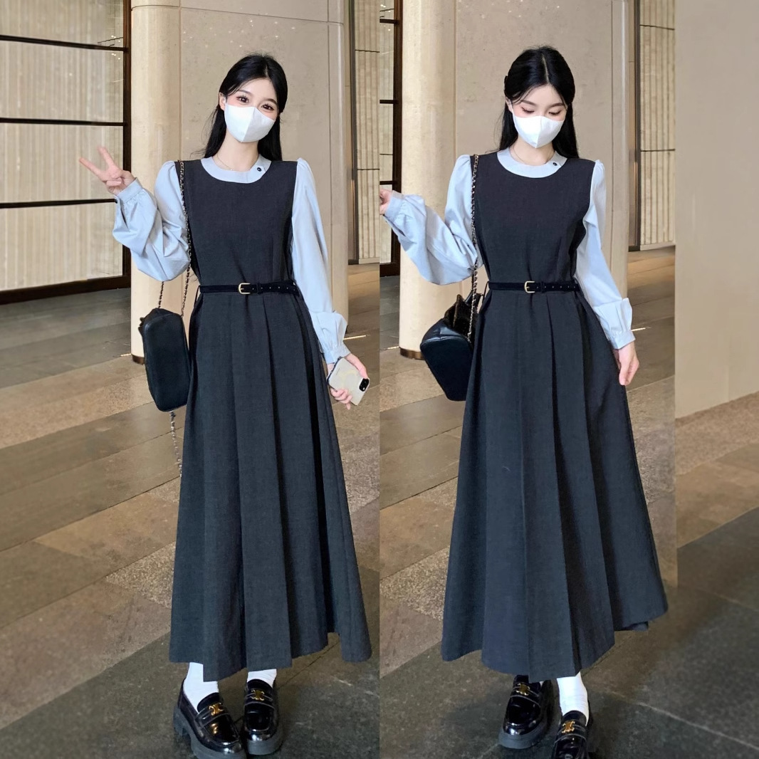 Два платья с длинными рукавами для женщин Осень - зима 2025 Тонкая корейская атмосфера - серый/L