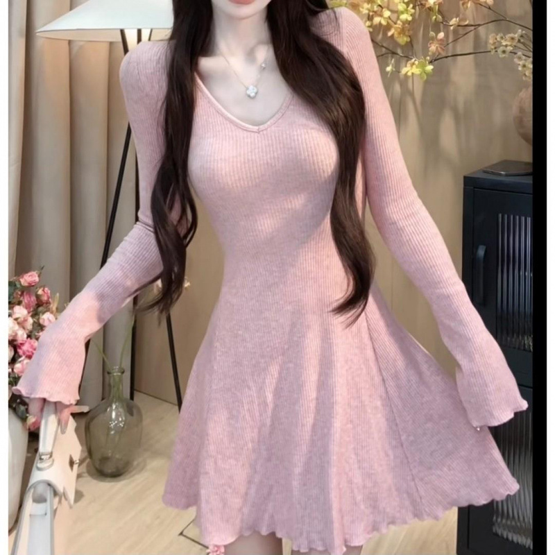 Размер 300 кг женская одежда чистое желание девушка ветер V воротник длинное платье с длинными рукавами тонкая высокая талия - розовый/Рекомендуется в пределах 100 кг.