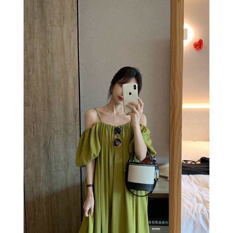 Толстый мм большой размер 300 кг зеленое французское пляжное платье с мясом плечо платье женское Широкий трюфель плечо прилив - зелёный/L Рекомендация 80 - 110 кг
