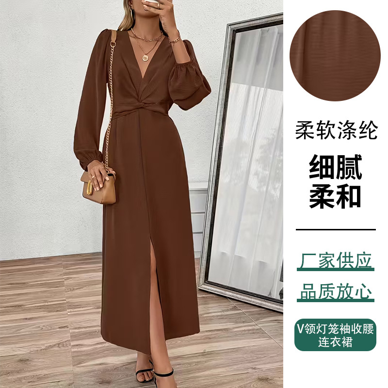 Элегантная вилка, европейская и американская мода, V - образный воротник, рукава, талия, платье, ретро, зрелое, чистое, длинное платье с буквой А - карамельный цвет/L