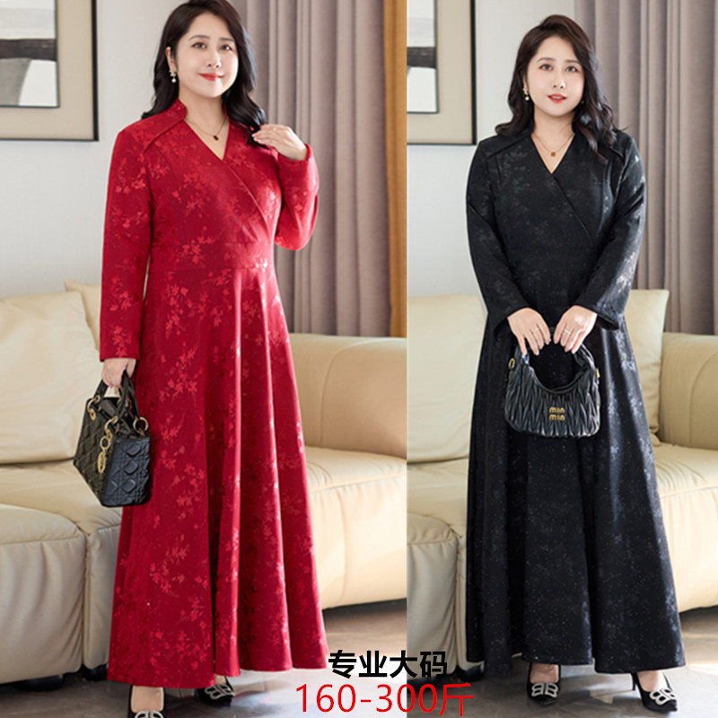 2026 Весенние платья Новый размер Женское платье с длинными рукавами Платье с длинными рукавами V - воротник Облегченный, легкий, роскошный, тонкий юбка Длинная юбка 8659 - чёрный/4XL