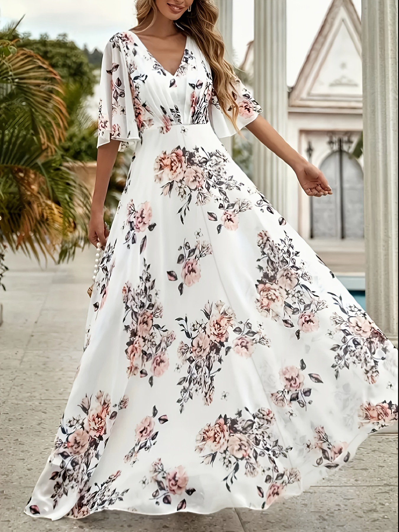 Amazon ebay Трансграничный весенний и летний принт платье с длинным V - воротником, логотип, большой код - белый/S