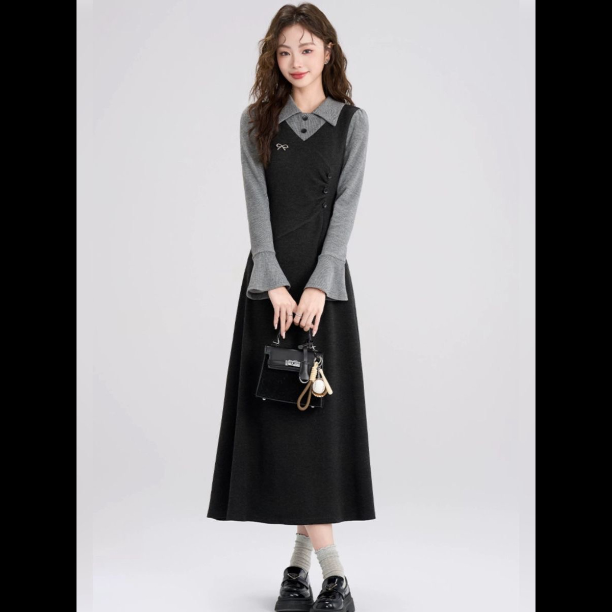 Осень и зима новый большой размер толстый mm поддельные два модных французских винтажных платья худая женщина длинное черное платье - чёрный/S