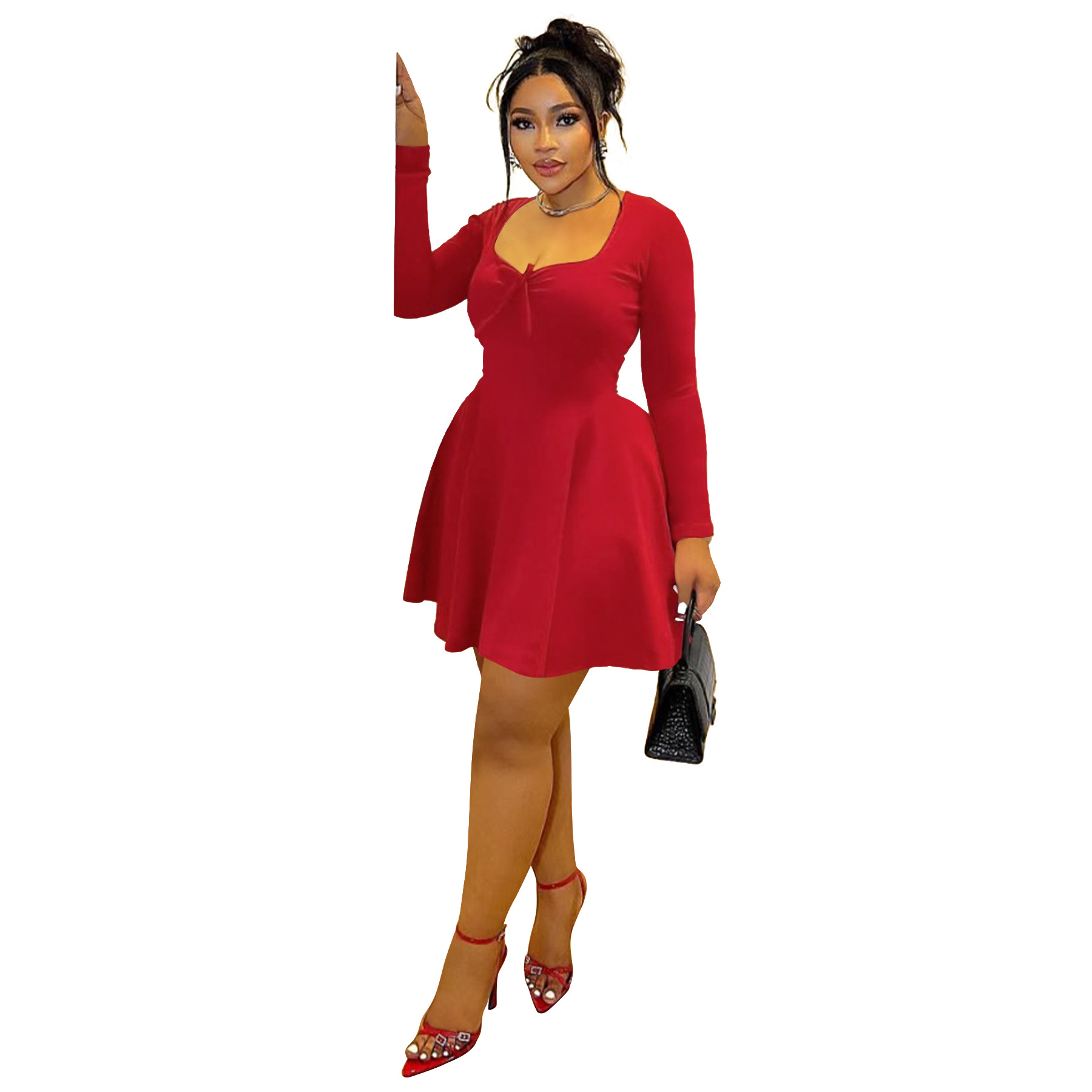 N8087 Европа и США 2025 Новый летний большой размер женская одежда сексуальный массаж грудь, чистая талия, тонкое платье с длинными рукавами - красный/1XL