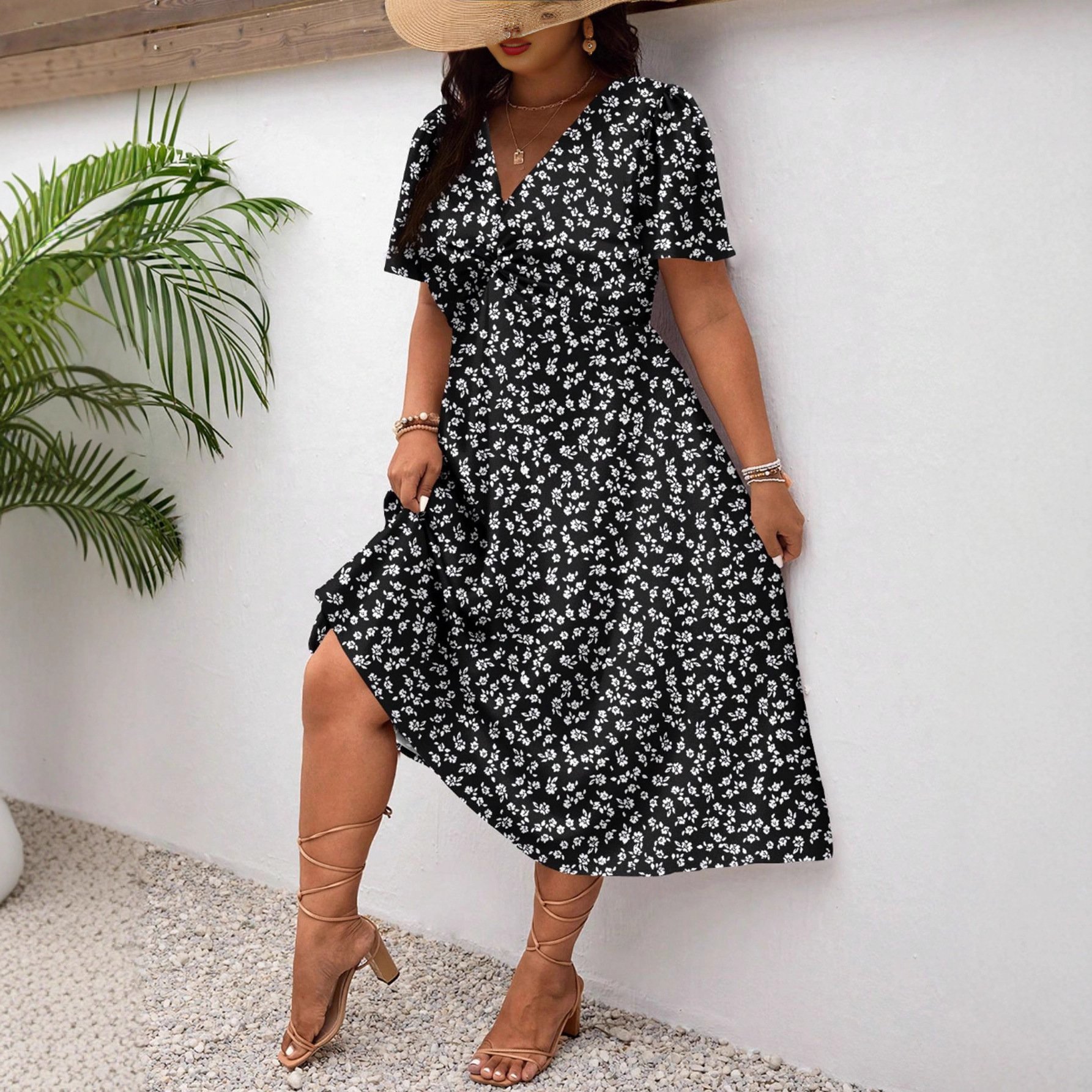 2025 Amazon Wish Новый летний V - воротник Свежий, Сладкий принт Платье - чёрный/1XL