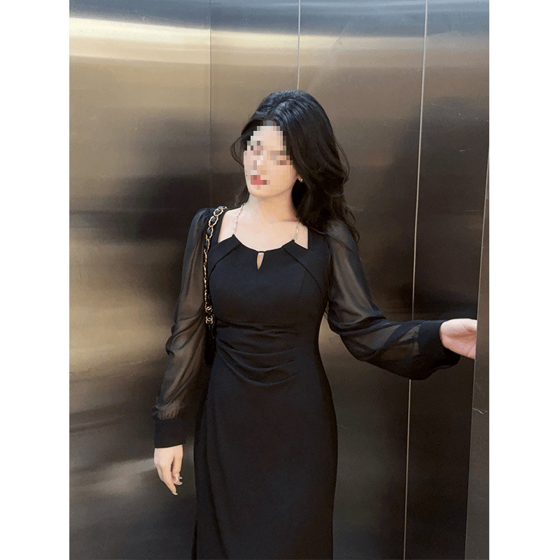 Осенью новый сексуальный темперамент, чистое желание убрать талию, тонкое платье, черное платье - Чёрное платье/S (90 - 100 кг)